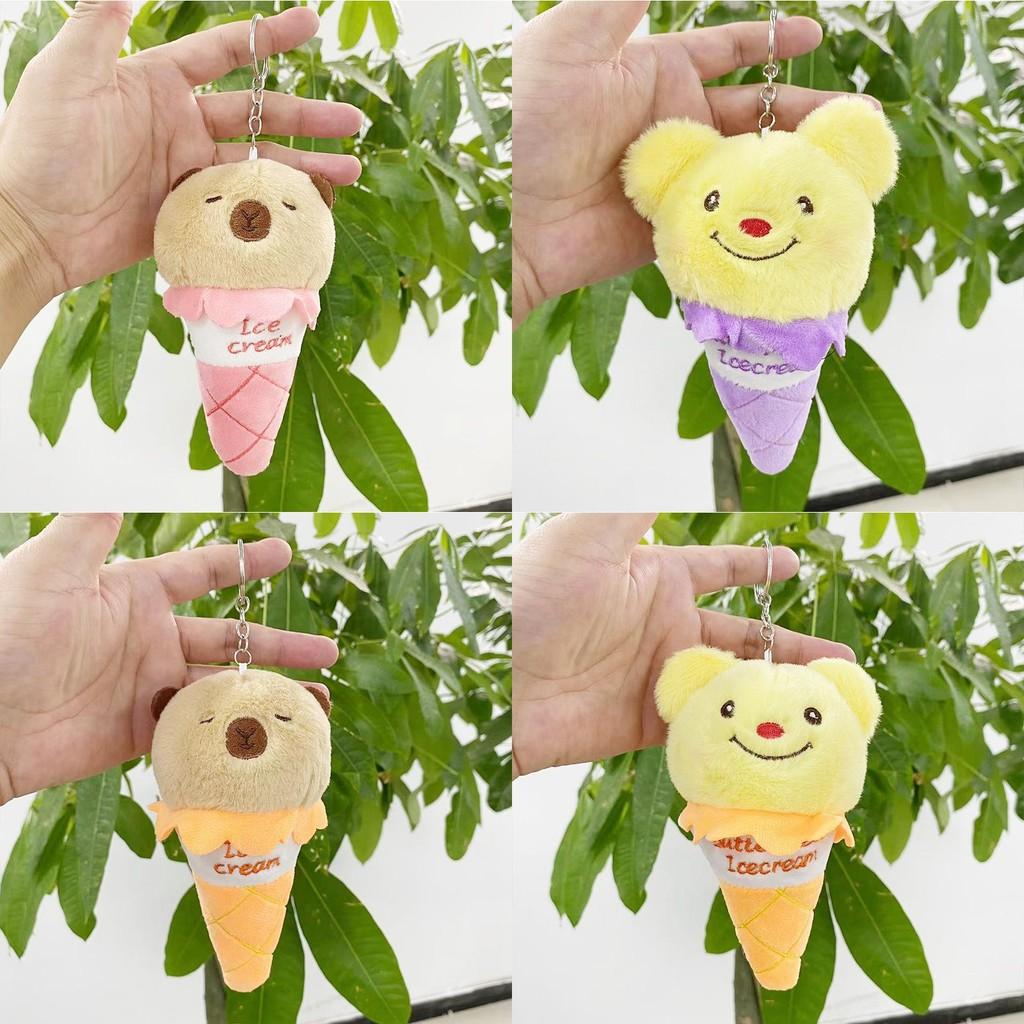 Charming Fluffy Animal Plush Ice Cream Bear Bag Charm Keychain Soft Decorative Toy
