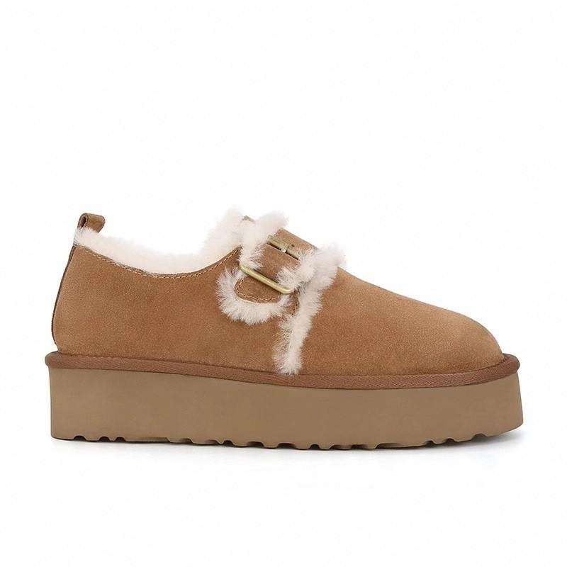 

Cowhide version~ Genuine leather round head thick-soled gold buckle fluffy snow boots women s velvet thickened warm cotton shoes Birkenstocks tide 40 малиновый