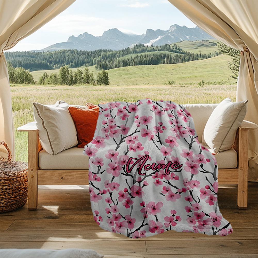 Cherry Blossom Floral Design With Elegant Name Flannel Outdoor Blanket Gift Blanket Comfortable And Soft Lightweight And Portable Suitable For All