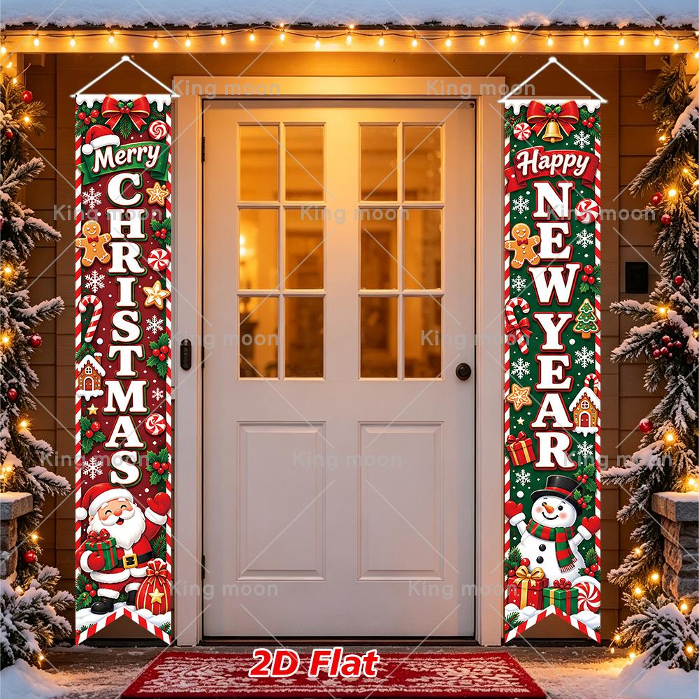 2D Flat, 2D Flat Banner, 2pcs Christmas New Year Porch Banner, Material, Size 180*30cm/70.9*11.8in, Cartoon Gingerbread for Man Santa Snowman with Can