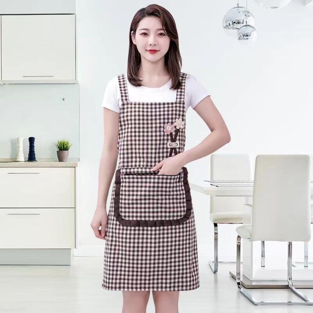 Household Plaid Women Apron Cotton Overalls Oil-proof Chef Aprons Large Pocket Cooking Apron Home Cooking