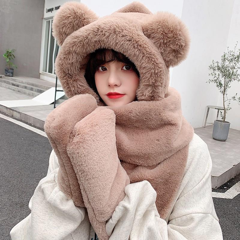 Bear Hat Women's Winter Warm Three-piece Scarf Versatile Winter Plush Ears Cute Hooded Scarf Integrated
