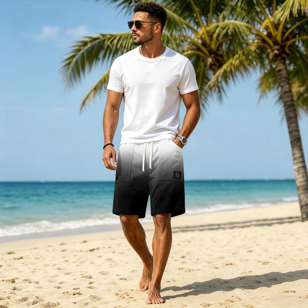 Herren Freizeit Corduroy Kordelzug Shorts Farbverlauf Stil mit Buchstaben Aufnäher Klassisch Bequem Sitz Sommer Strandkleidung