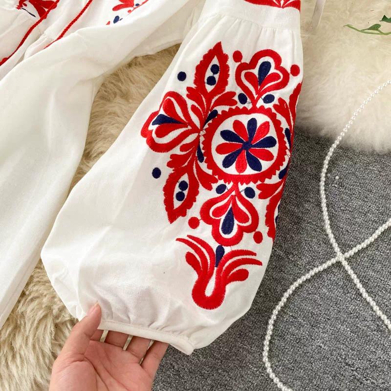 Bohemian Ethnic Style Embroidered Flowers, Round Neck, Lantern Sleeves, Pleated Loose, Slimming, Versatile Long Dress for Women