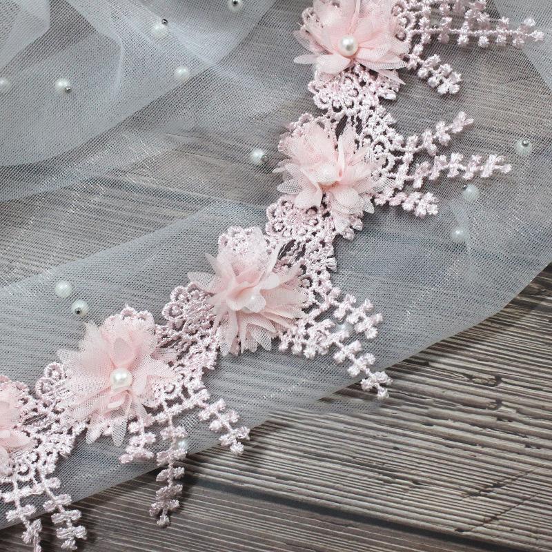 

Белый 3D шифон роза кружевная ткань цветок жемчужные бусины свадебный декор кружевная лента DIY ремесло 8.5 см в ширину светло-розовый