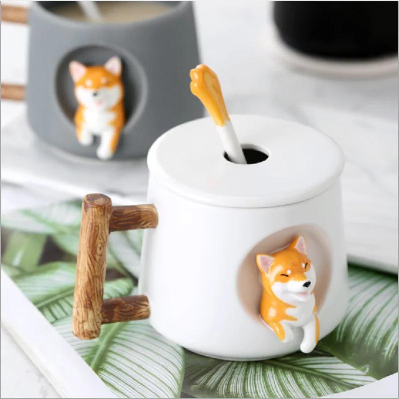 Quality Cartoon Ceramic Mug Cute 3D Shiba Inu Dog Spoon Milk Tea Creative Coffee Cup Men and Women Coffee Cup Gift