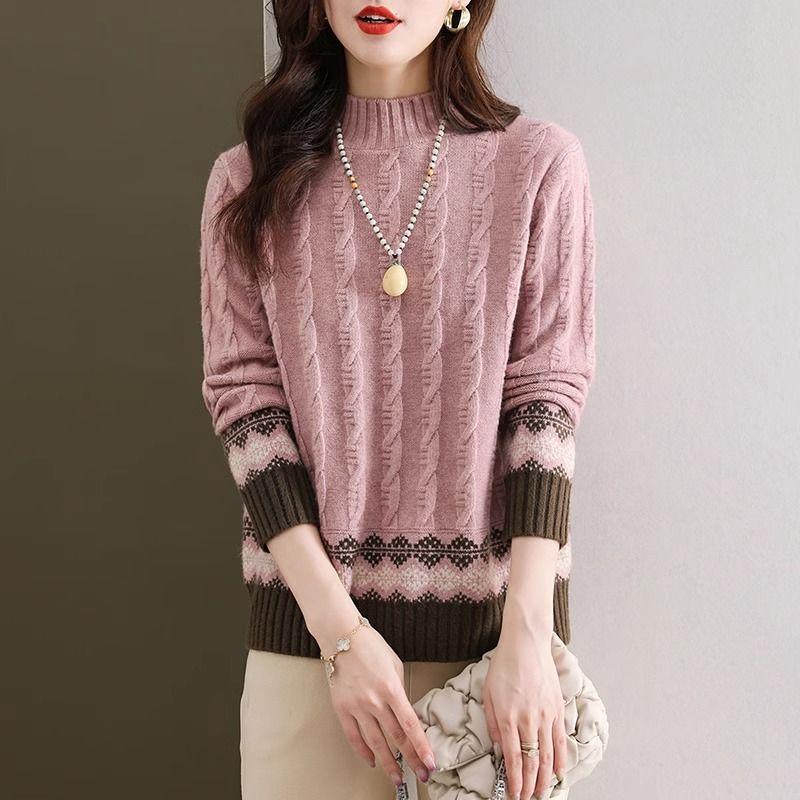Geometric Pattern Mock Neck Sweater, Casual Long Sleeve Sweater for Fall & Winter, Women's Clothing