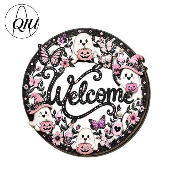 3D Floral Pumpkin Wall Art Halloween Ghost Wooden Welcome Door Hanger Sign, Cute Ornament with Bell Durable Sign for Porch Hanging Rope, Decor Indoor