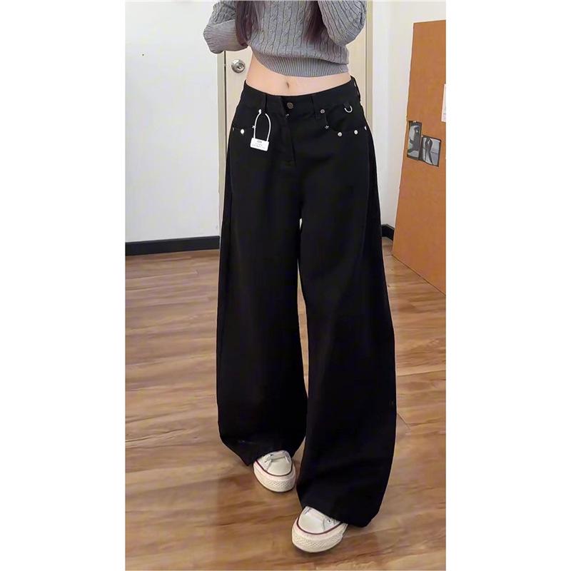 Women's Plus Size Retro Black High-Waisted Wide Leg Jeans with Pockets