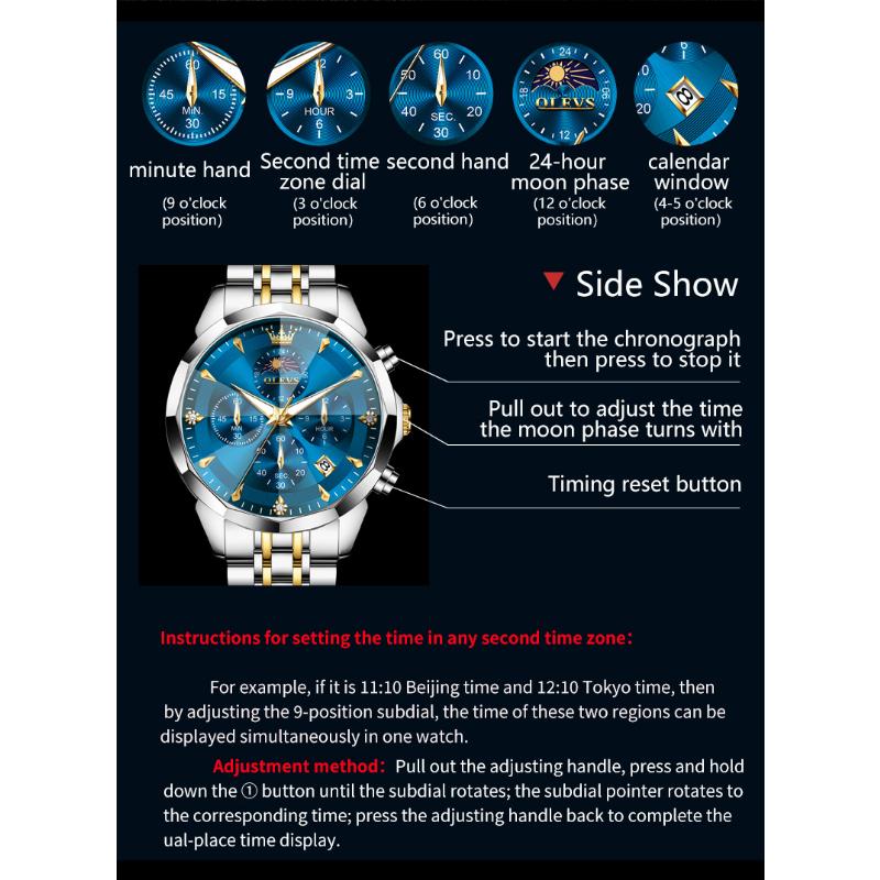 OLEVS Mens Watch Original Business Brand Quartz Watch Rhombus Mirror Waterproof Luminous Automatic Date Moon Phase Watch