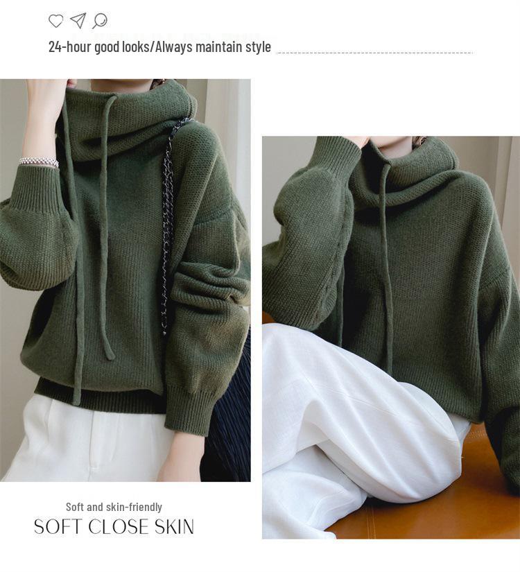 Women's Wool Knitted Turtleneck Hoodie - Loose, Warm, Stylish, Versatile Sweater