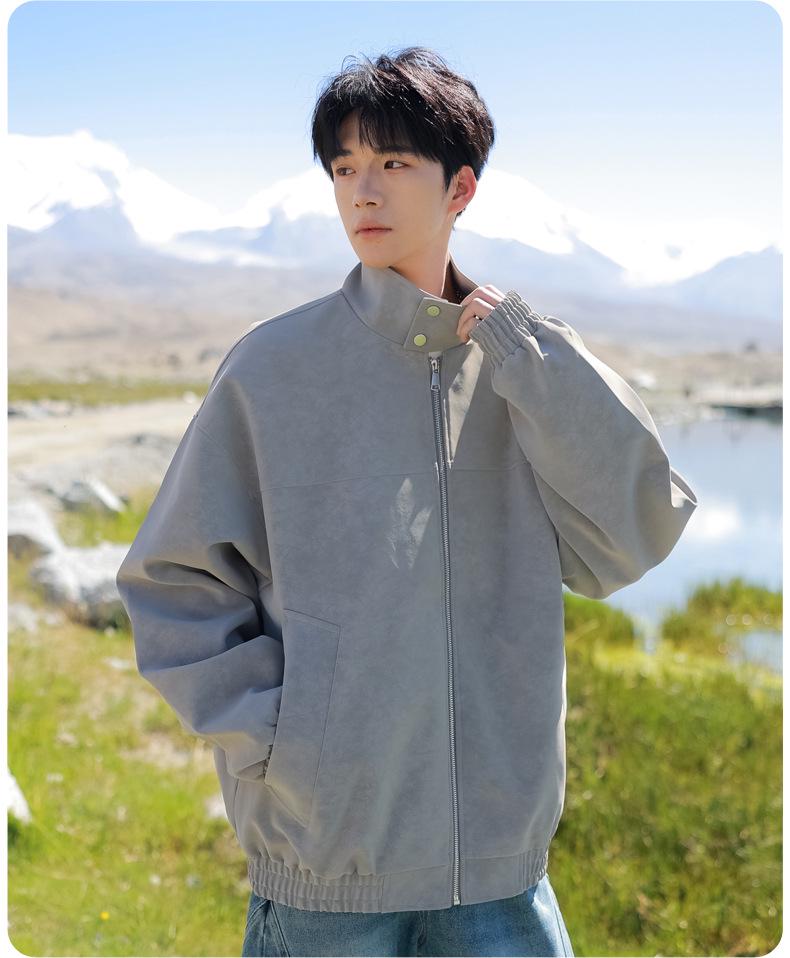 Men's Suede Jacket with Fleece, Thickened Stand-Up Collar - Trendy Warm Autumn/Winter Casual Jacket for Young Men