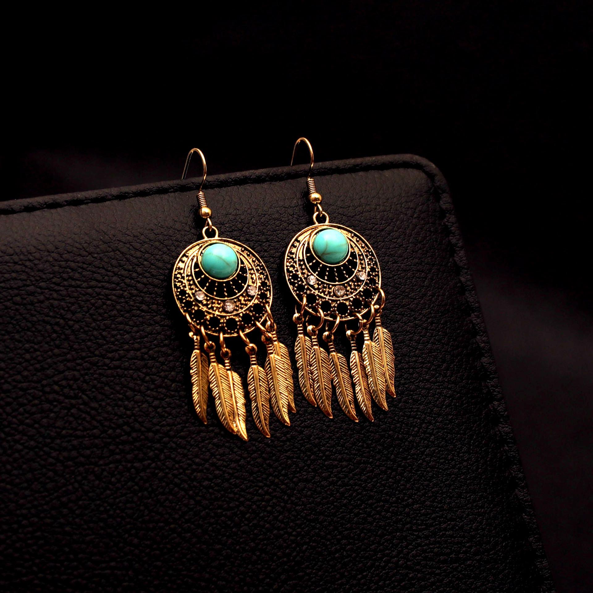European Retro Ethnic Dreamcatcher Turquoise Feather Tassel Earrings for Women