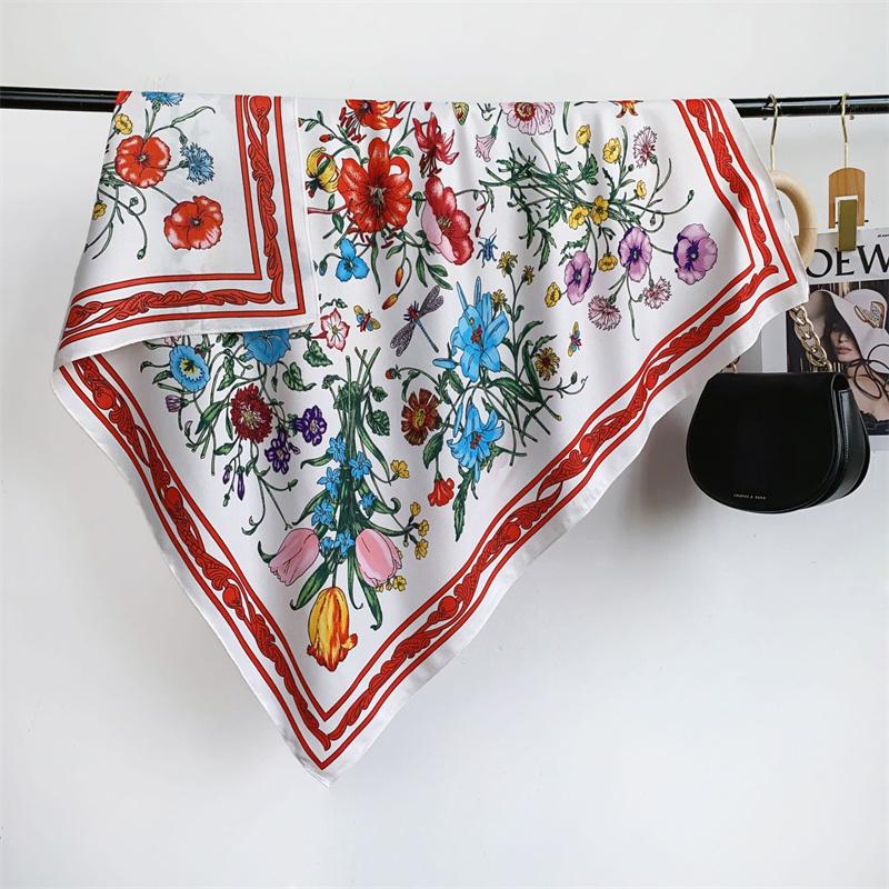 Spain Fashion Garden Floral Square Silk Scarf Women High Quality Print Satin Shawls and Wraps Bufandas Muslim Hijab 90*90Cm