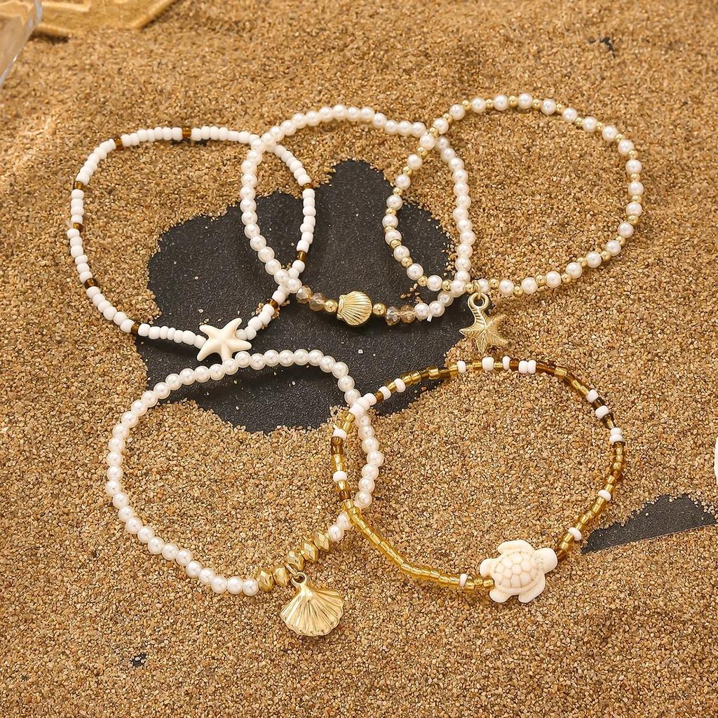 5pcs/set Elegant Multi-layer Imitation Pearl Bracelet Starfish Shell Turtle Pendant Bracelet Women's Summer Party Dating Jewelry