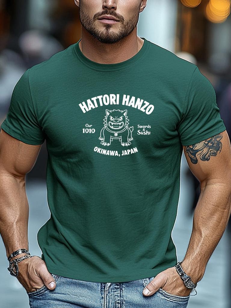 Unisex Black Crew Neck Tee Vintage Hattori Hanzo Okinawa Japan Lion Guardian Swords And Sushi Retro Print Soft Cotton Male Tops