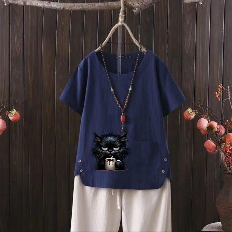 

Футболка из хлопка и конопли с V-образным вырезом и принтом кошки для женщин - повседневная одежда на лето 2025 г. 4XL темно-синий