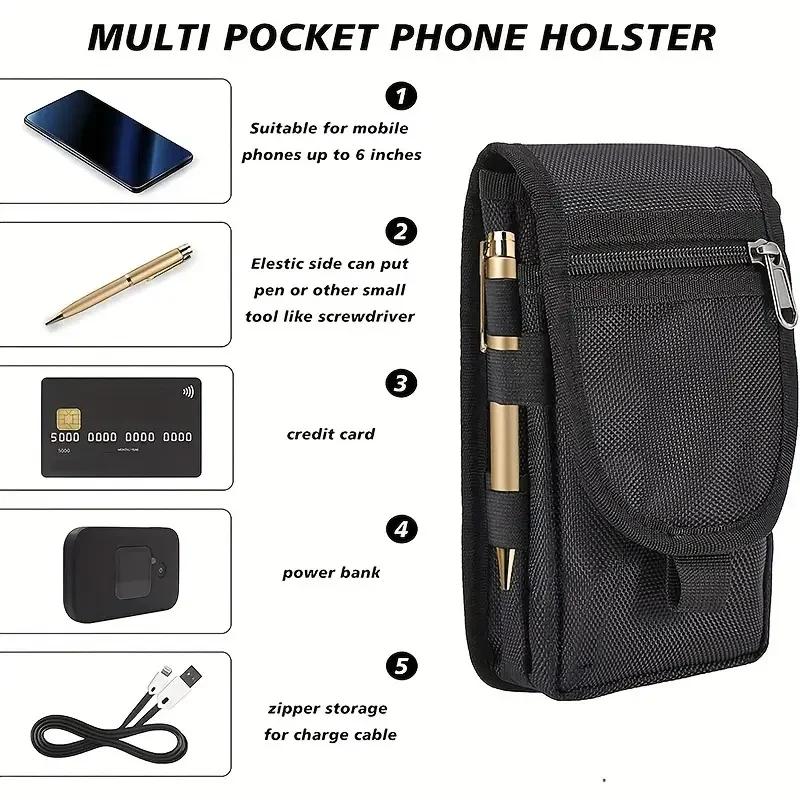 Flip Phone Bag with Three Compartments for Casual Pen Insertion and Waist Hanging Men's Belt Loop Pouch Large Capacity Wallet