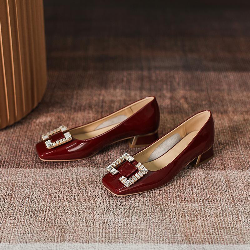 

fashion Genuine Leather Office Lady Brand Crystal Pumps Women Shoes Ladies Spring Single Shoes Slip on Thick Heels Women Wedding Shoes 37 червоний