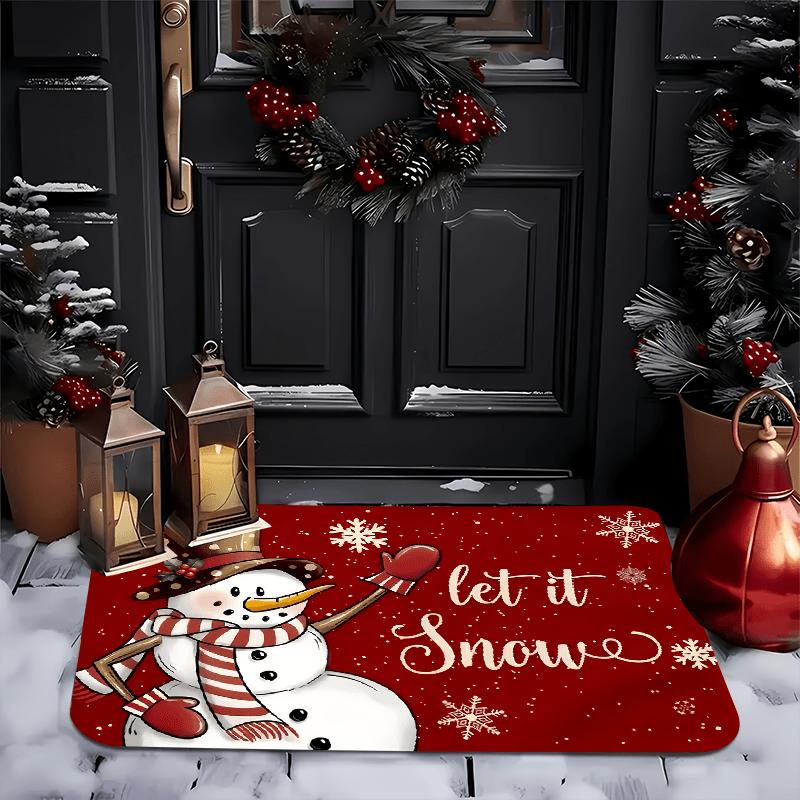 Vintage Red Xmas Entry Rug Merry Christmas Snowman Striped Scarf Snowflake Design Winter Welcome Floor Mat