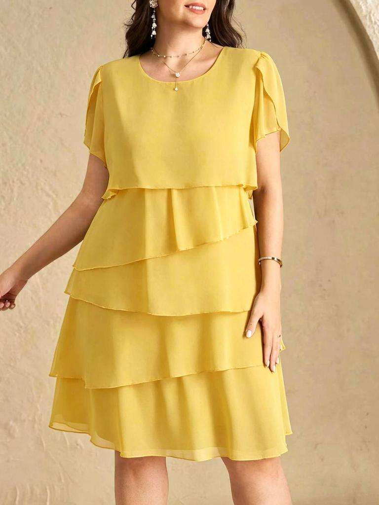 2026 Plus Size Summer Chiffon Cake Skirt Dress - Tummy Concealing, Solid Color