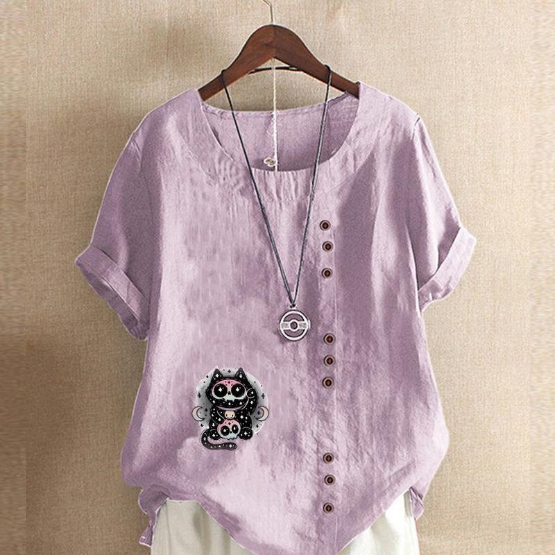 Women's Fashion Round Neck Short Sleeve T-shirt Casual Cotton Linen Graphic Shirt Cartoon Characters Prined Summer Blouse Tops Plus Size