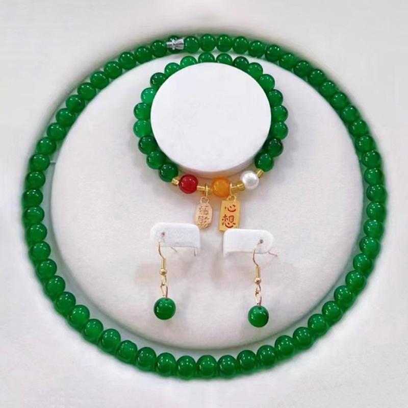 3Pcs Vintage Simple Imitation Jade Necklace Bracelet Earrings Jewelry Set For Women Temperamen Banquet Accessory