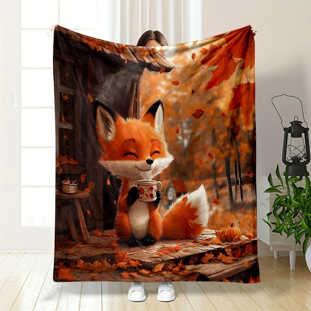 Autumn Fox Enjoying Cozy Moment Patterned blanket, flannel, suitable for all seasons, home decor, warm and cozy