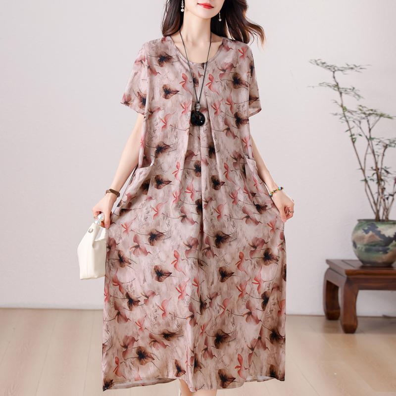 Übergröße, langes Sommerkleid mit Vintage-Druck für Damen, elegantes, kurzärmeliges, lockeres Sommerkleid in Übergröße