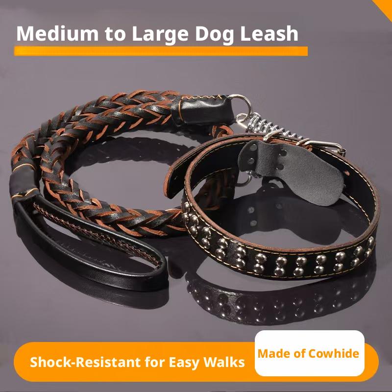 Medium Large Dog Walking Leash Set Braided Cowhide Leather Studded Collar Buffer Spring Solid Adjustable Black