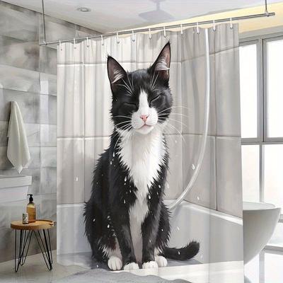 1pc Whimsical Black & White Cat Shower Curtain - Water Droplets, Monochrome Style, Durable Polyester, 12 Hooks, Easy Care