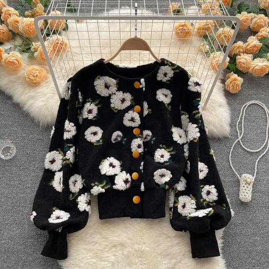 Women Coat Cardigan Single-breasted Long Sleeves Flower Elegant Keep Warm Elastic Cuff