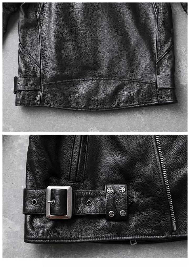 CHEJI Genuine Leather Cowhide Biker Motorcycle Denim Fashionable Jacket, Men's Coat, Jacket, Short, Jacket, Cold-Resistant, Windproof, Thick, Spring,