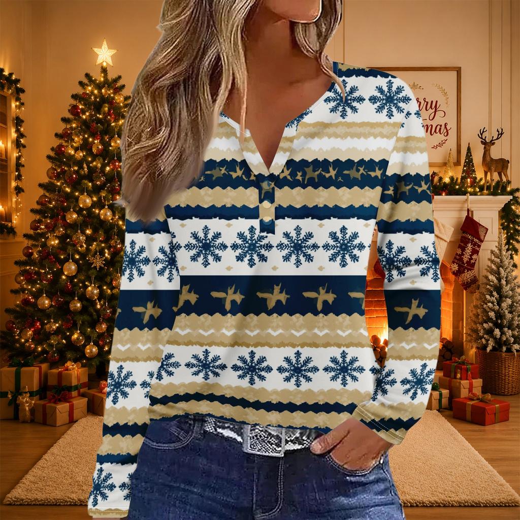 Women's Casual Christmas Print V-Neck Long Sleeve T-Shirt with Button