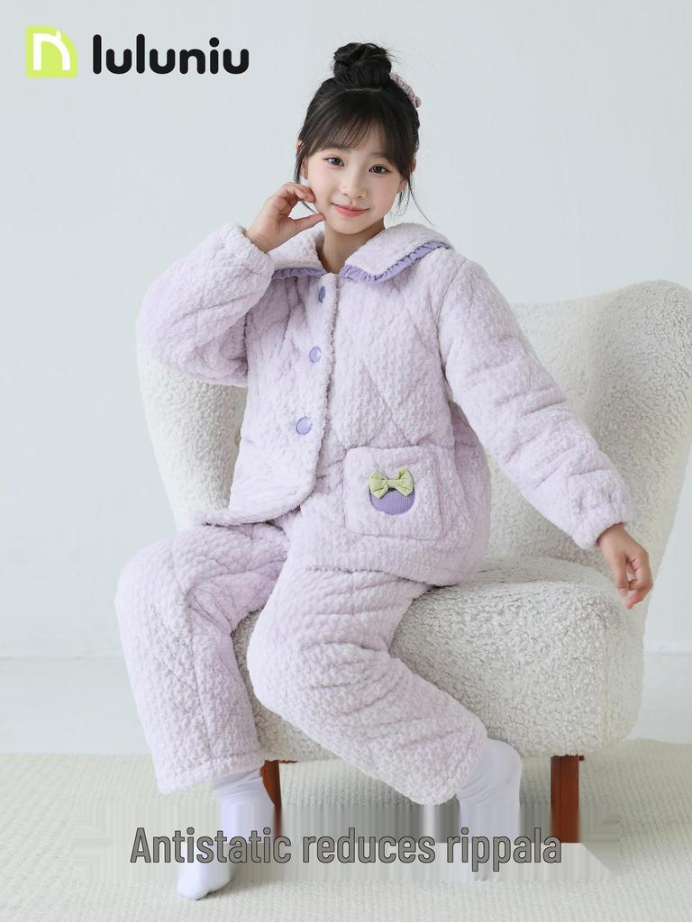 Lulu Cow Girls' Winter Flanell Gesteppter Pyjama - Warme Dreilagige Nachtwäsche für Mittlere und Große Mädchen