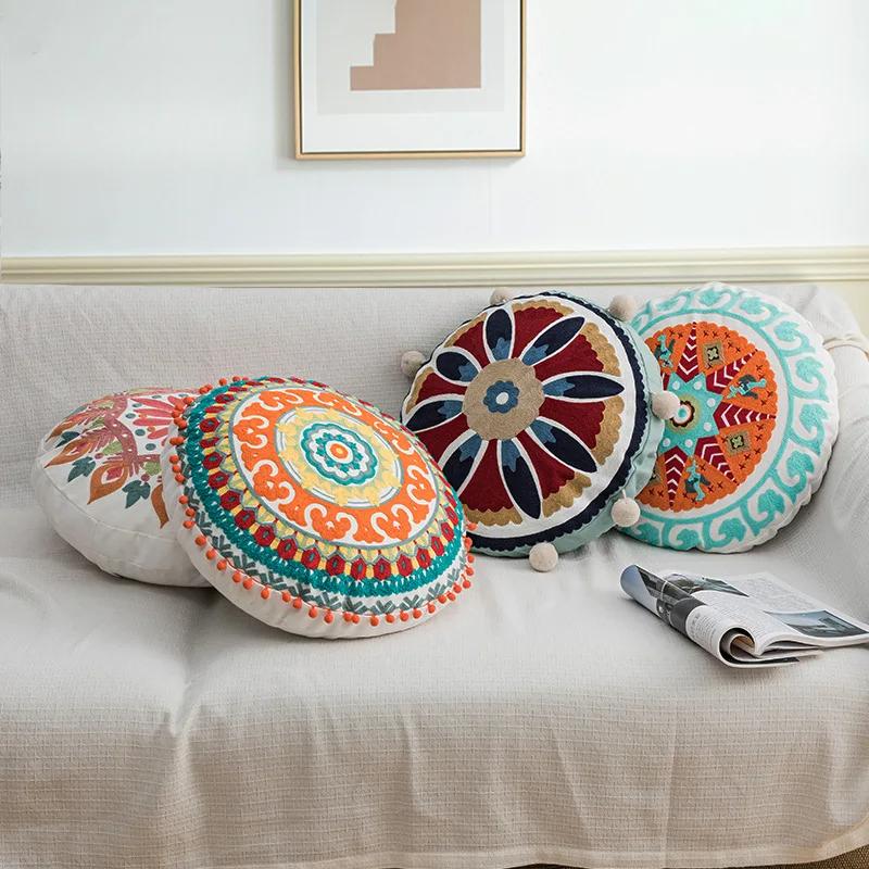 45cm Moroccan Ethnic Round Cushion Cover Mandala Floral Embroidery Home Decor Living Room Throw Pillow Case Ball Decorative