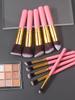 10Pcs pink wooden-handled makeup brush set, including foundation brush, blush brush, eyeshadow brush and highlight brush