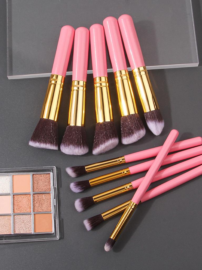 10Pcs pink wooden-handled makeup brush set, including foundation brush, blush brush, eyeshadow brush and highlight brush