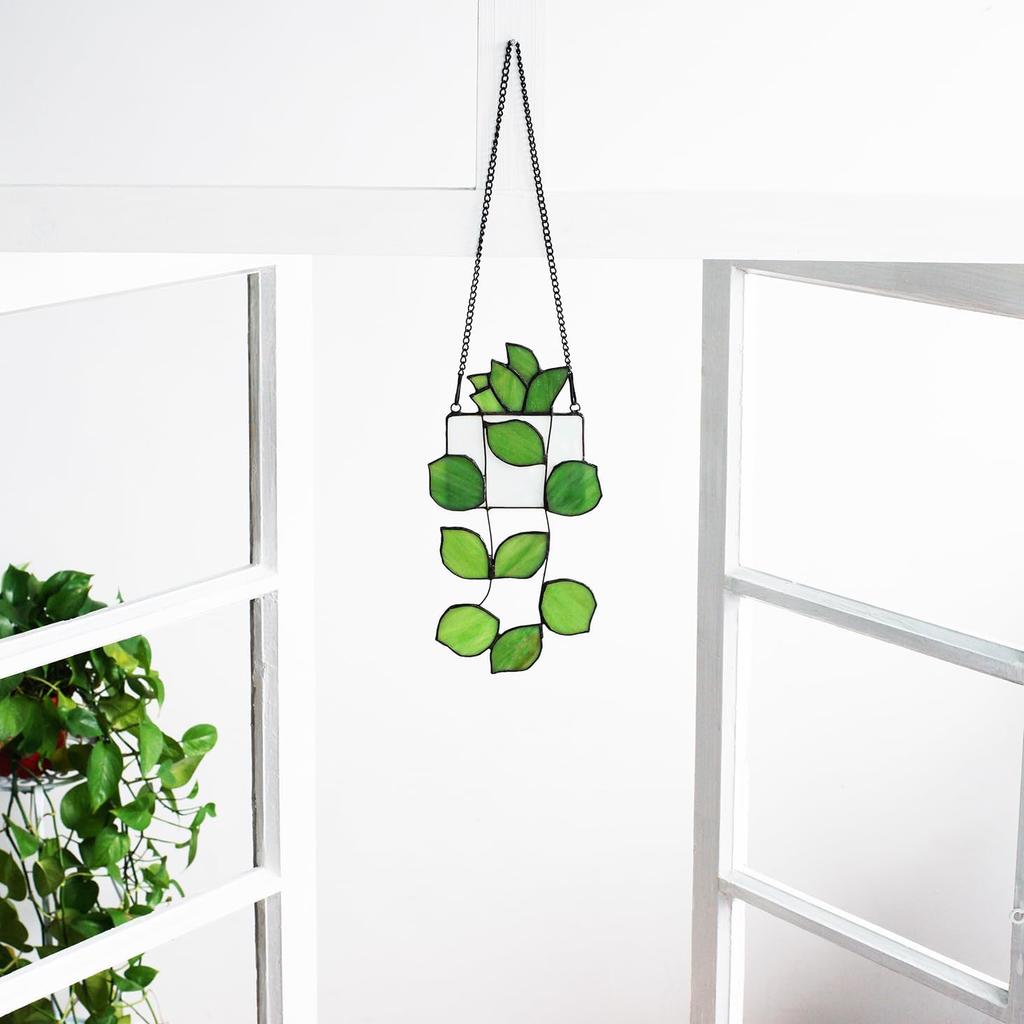 Handmade Stained Glass Succulent Plant Window Hanging, Tiffany Style Indoor Wall Window Panels Decor, 10.47 * 5.1 Inch