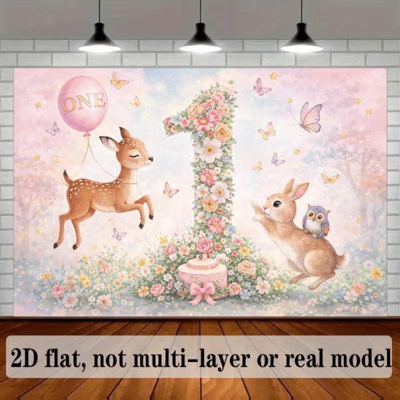 2D Floral Number 1 Backdrop Woodland Baby Birthday Background Cloth