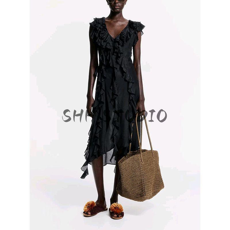 Spring New Women's Clothing Commute Style V Neck Sleeveless Ruffles Stomach Blanket Style Mid Length Long Length High Waist A- Line Dress