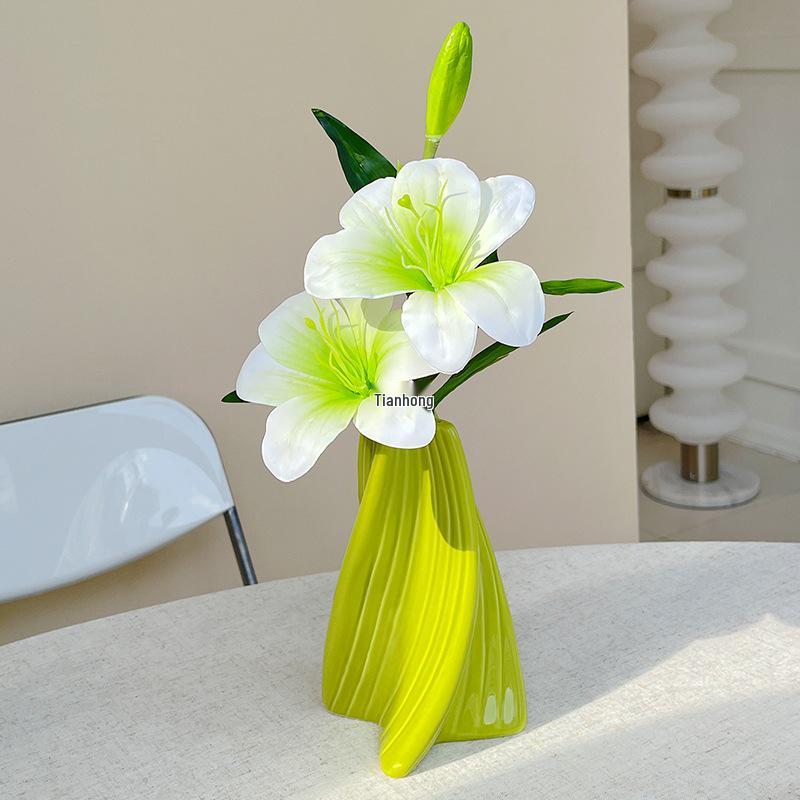 Lily Green Decorative Floral Arrangement in Ceramic Vase - Luxury Artificial Flowers for Living Room Decor