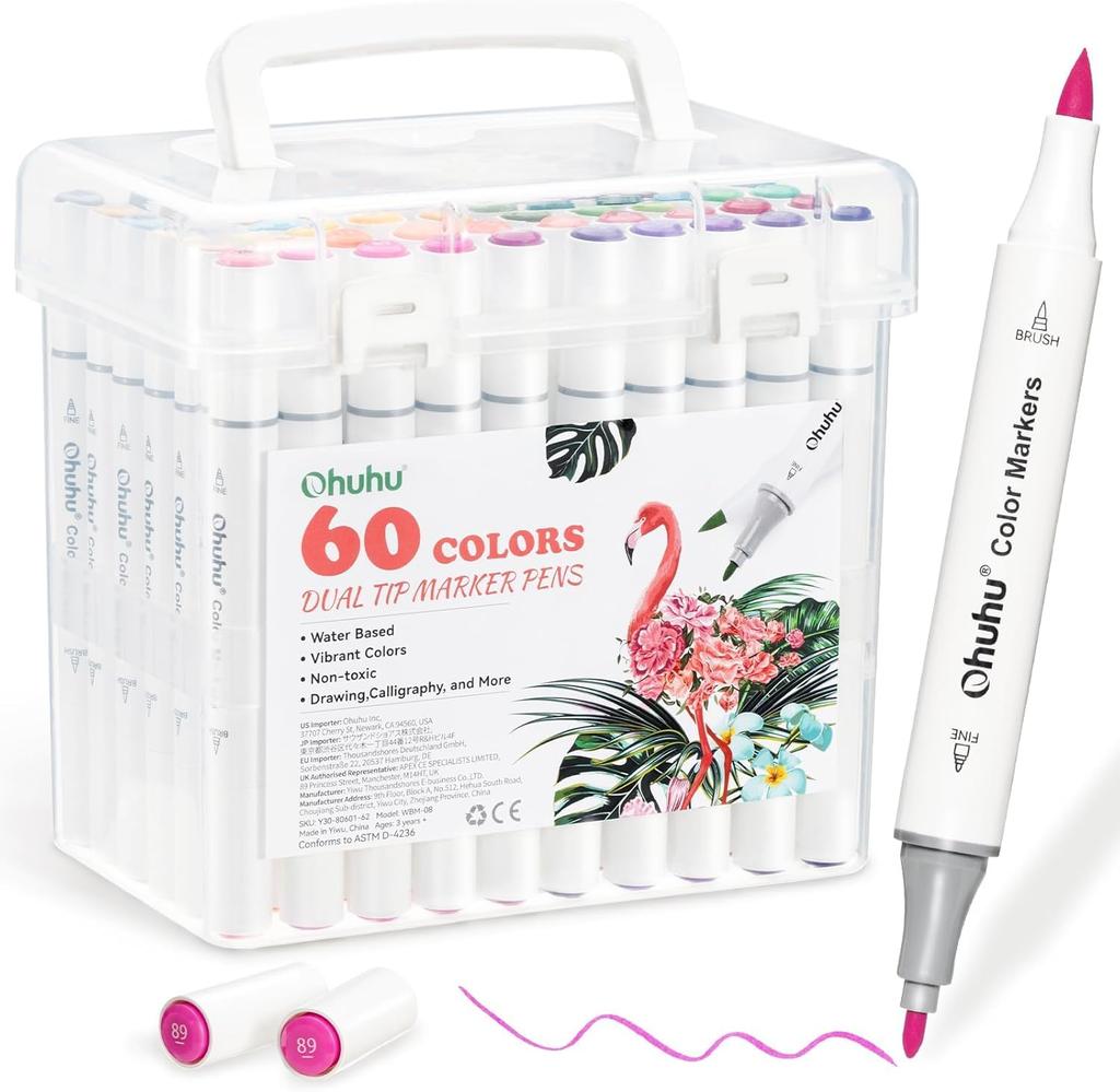 Ohuhu Fine Illustration Brush Watercolor Vivid Perfect for Picture Coloring and Includes Storage Water-Based Markers, Tip, 60-Piece Set, Markers, Tip,