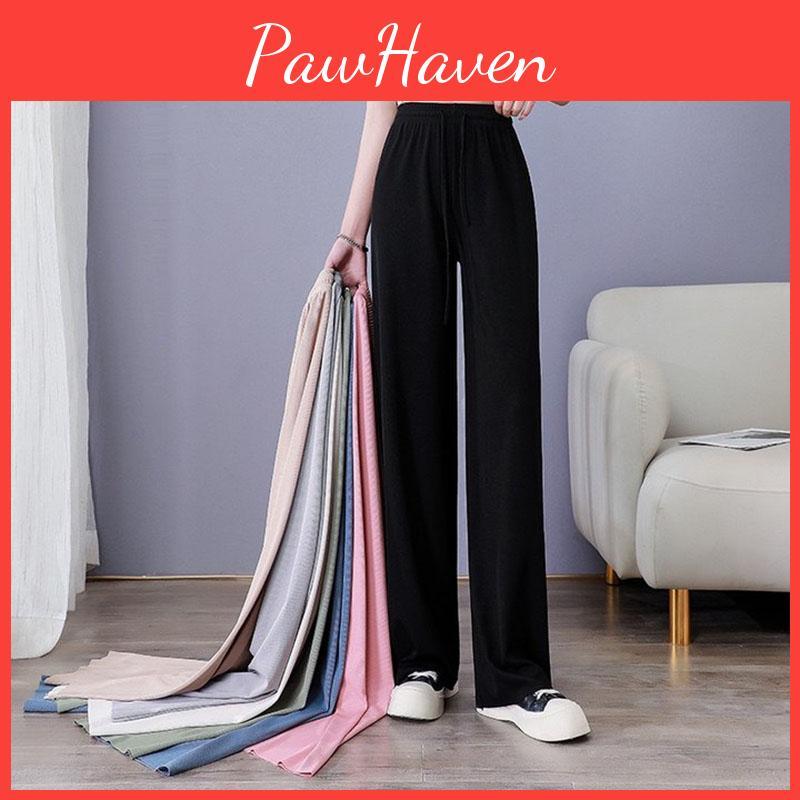 Womens Soft Silk Wide Ice Leg Pants High Waist Loose Comfortable Straight Leg Casual Pants Suitable For Outdoor Black Pants