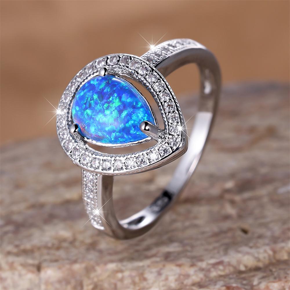 Cute Water Drop Stone Ring Blue Fire Opal Wedding Rings For Women Silver Color Engagement  Accessory Mother's Day Gifts