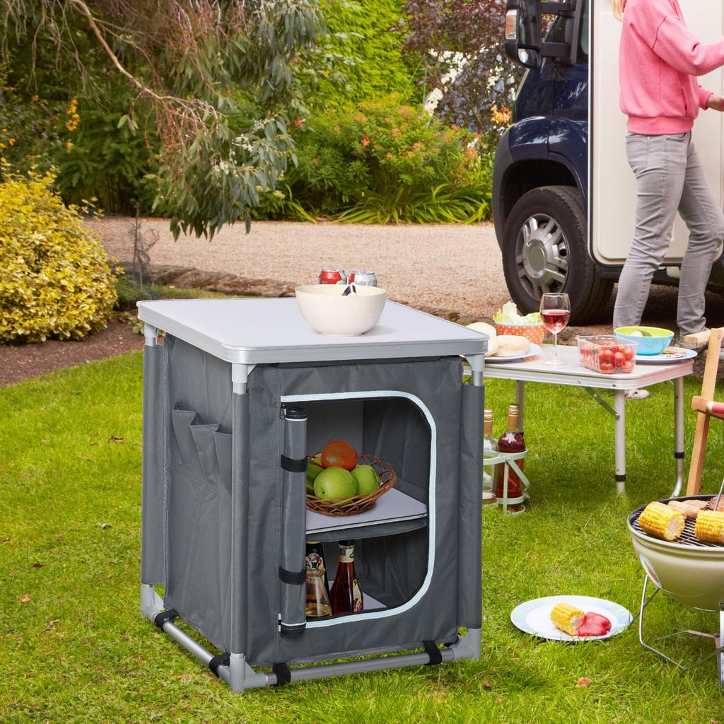 Foldable Camping Kitchen Cupboard with 2 Shelves and Carry Bag, Aluminium and Oxford Fabric 60x49x70cm Grey