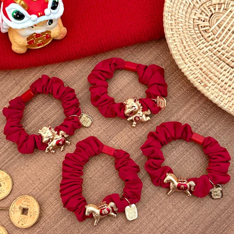 Cartoon Pony Hair Ring  Year Festive Red Hair Band Tie Horse Tail High Elastic Year Of The Horse Hair Ornament Accessories