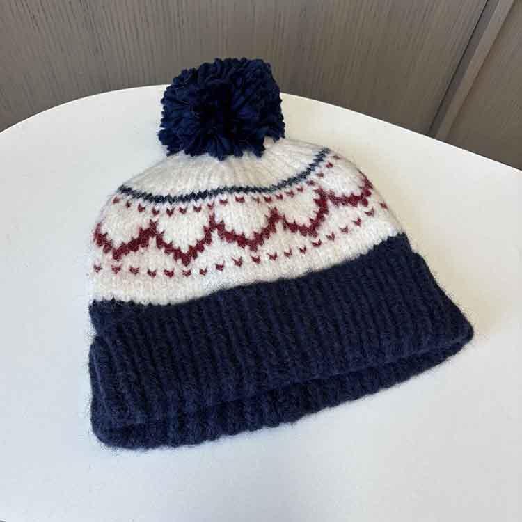 

Зимняя атмосфера Шерстяная шапка Майорара Милый помпон Утолщенная теплая вязаная шапка Литературная жаккардовая шапка-пуловер M（56-58cm） темно-синий