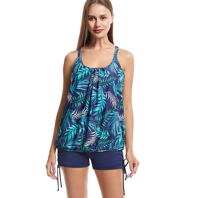 Conservative Print Plus Size Boyleg Tankini, Two-Piece Tummy Control Slimming Swimwear.