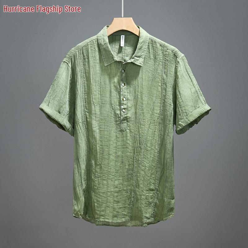 Retro Japanese Men's Crinkled Linen Shirt - Solid Color Short Sleeve with Stand Collar